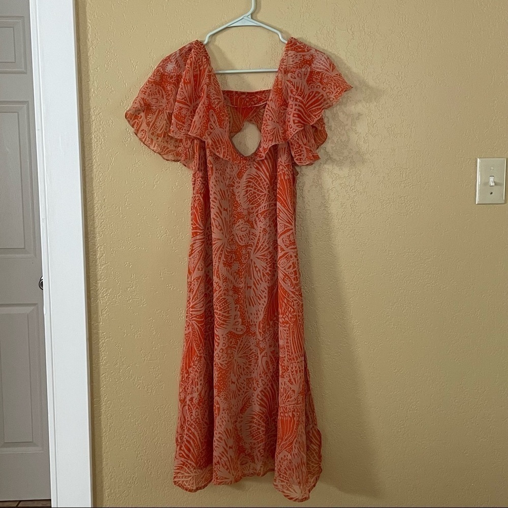 Free People SMALL Orange Peach Butterfly Dress ruffle sleeve slits lined Rare